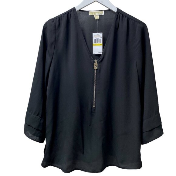 MICHAEL Michael Kors Womens Top Medium Black Blouse Logo Zip 3/4 Sleeve NWT - Picture 1 of 11